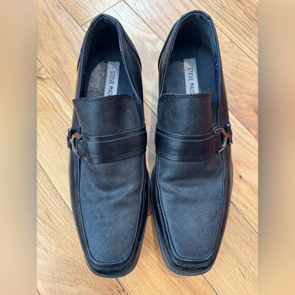 STEVE MADDEN "Santer" Black Leather Men's Loafers with Horse-Bit Buckles - Picture 2 of 8